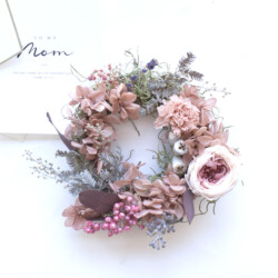 アンティークピンク ミモザとあじさいのリース