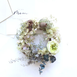 アンティークグリーン ミモザとあじさいのリース